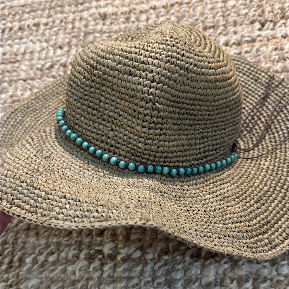Woven Straw Sun Hat with Turquoise Bead Trim - Women's Tan Summer Hat - Picture 6 of 7